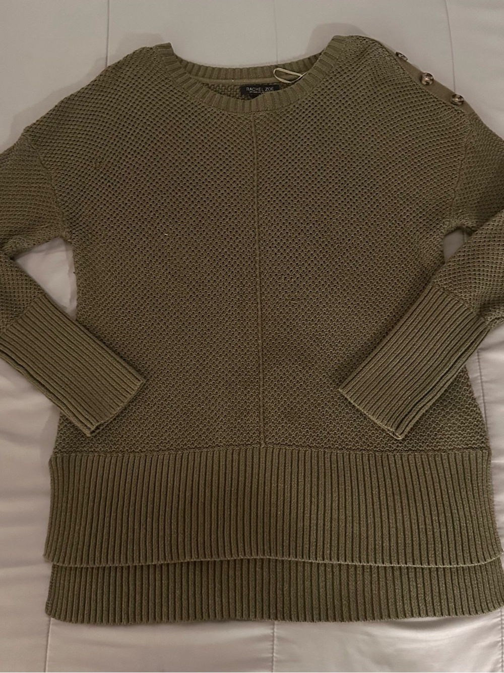 Rachel Zoe Olive Green Crewneck Sweater with Shoulder Buttons